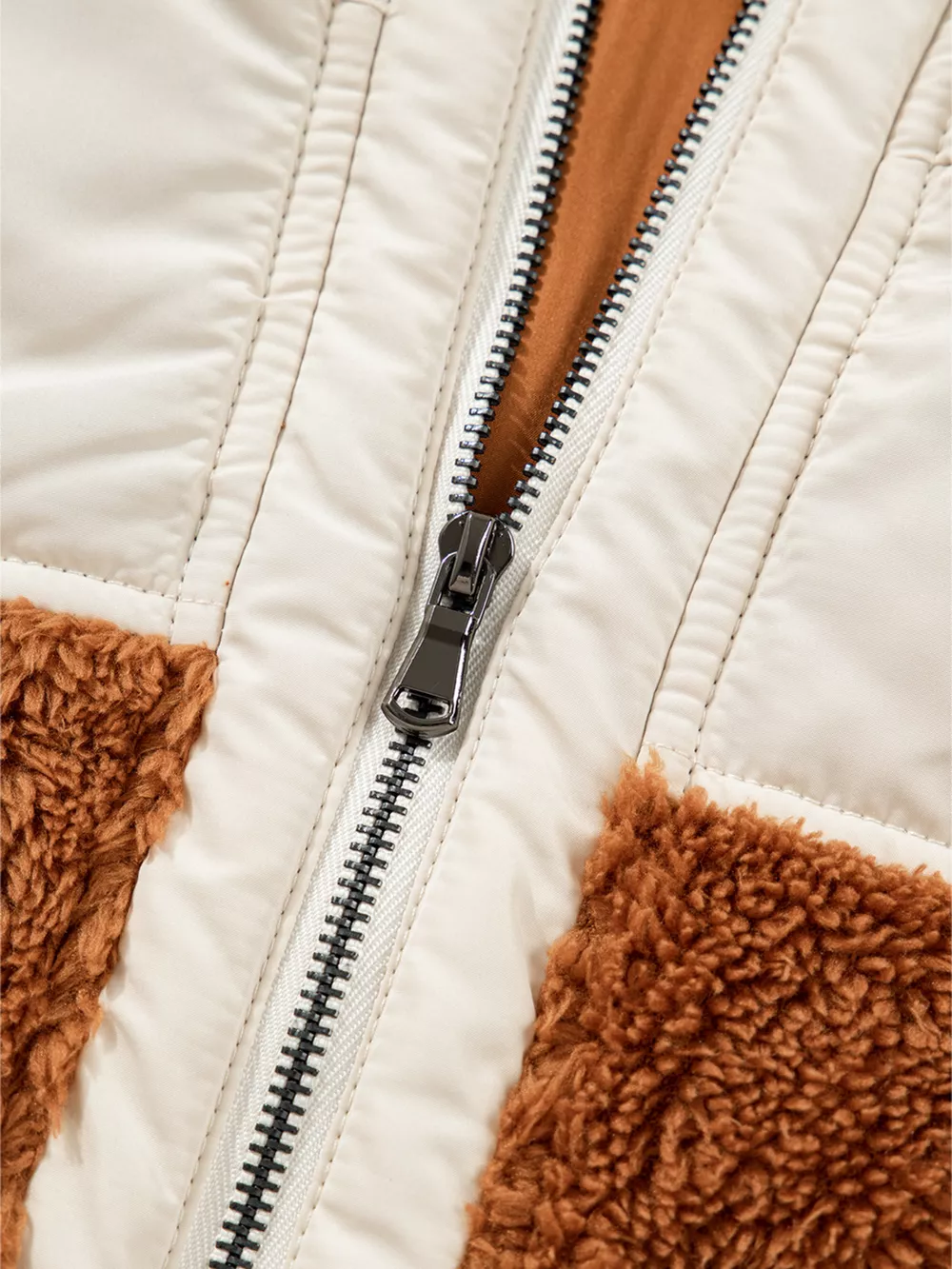 Color Block Plush Patchwork Zipper Stand Neck Vest Coat, image 5