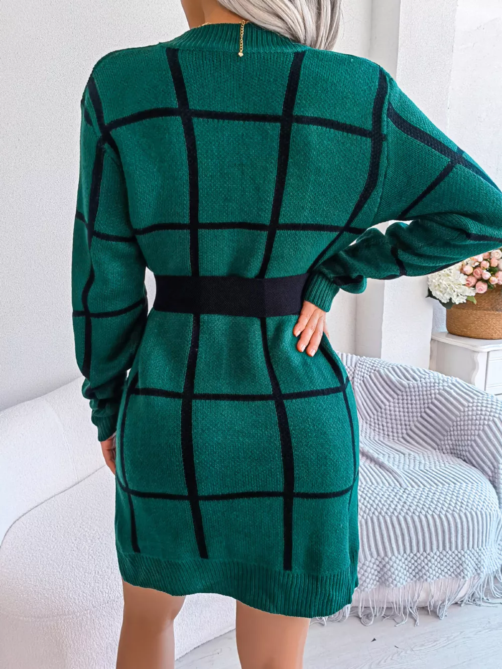 Plaid Pattern Long Sleeve Sweater Dress, image 11