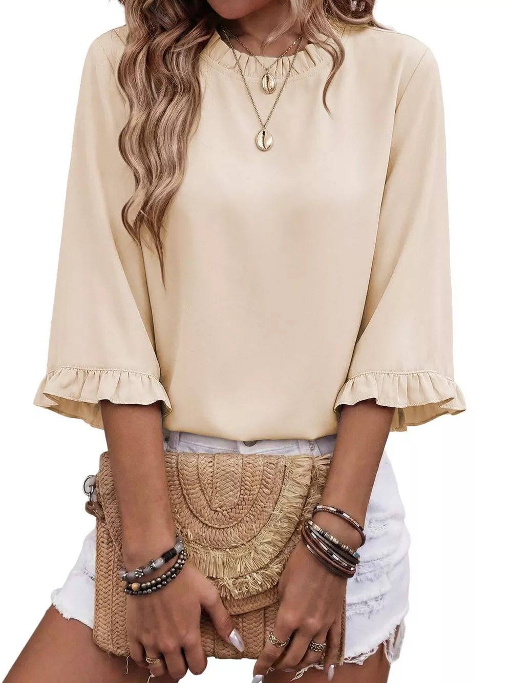 Ruffle Trim Half Sleeve Blouse