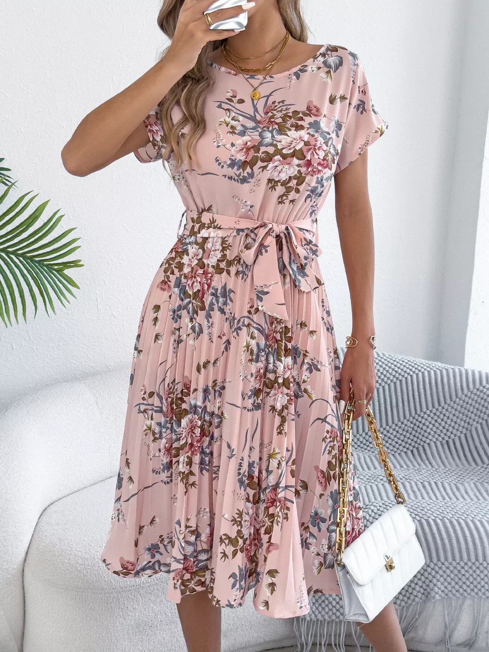 Floral Print Pleated A-Line Midi Dress, image 6