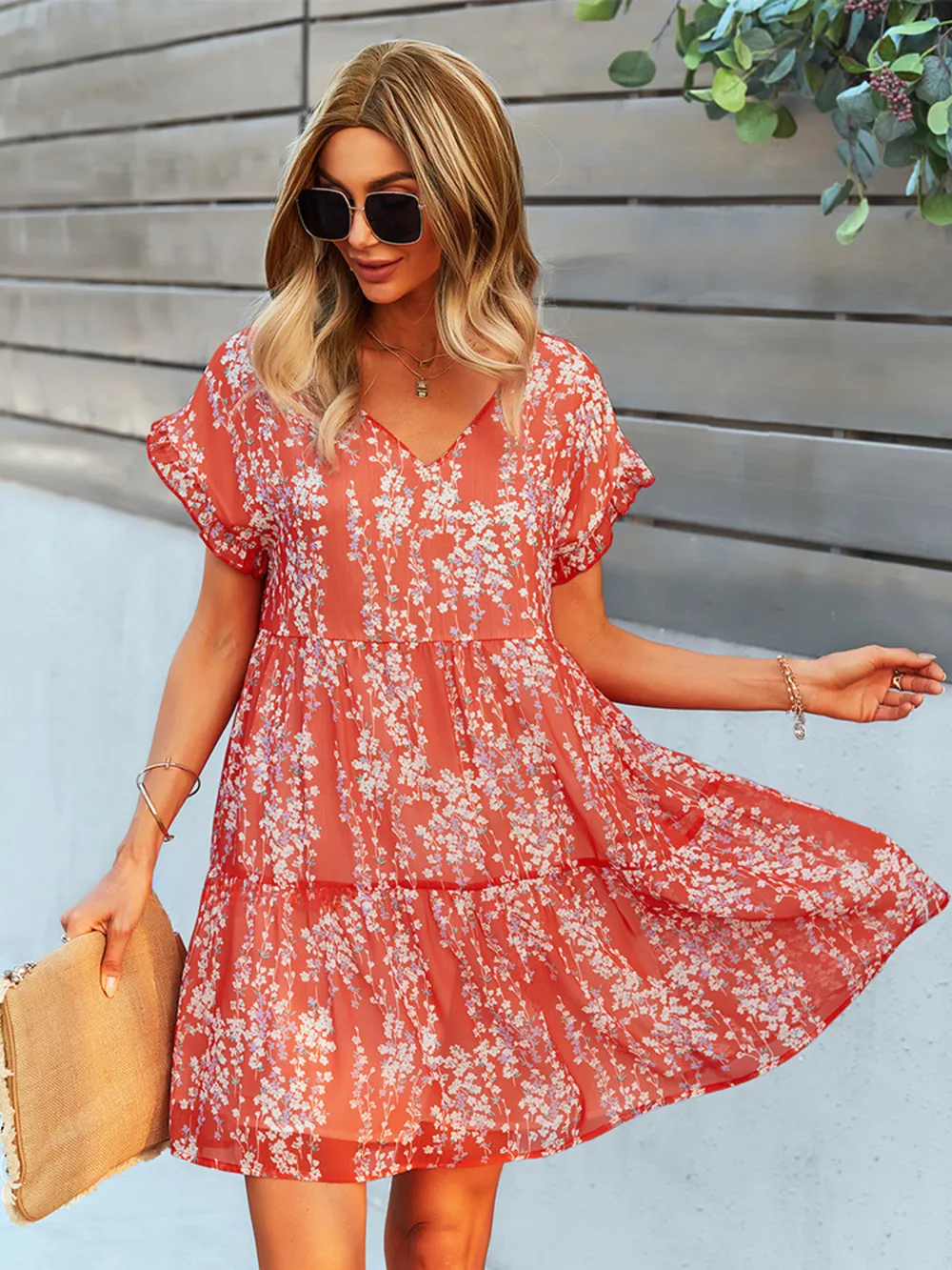 Floral Print V-Neck Ruffle Tiered Summer Mini Dress, image 11