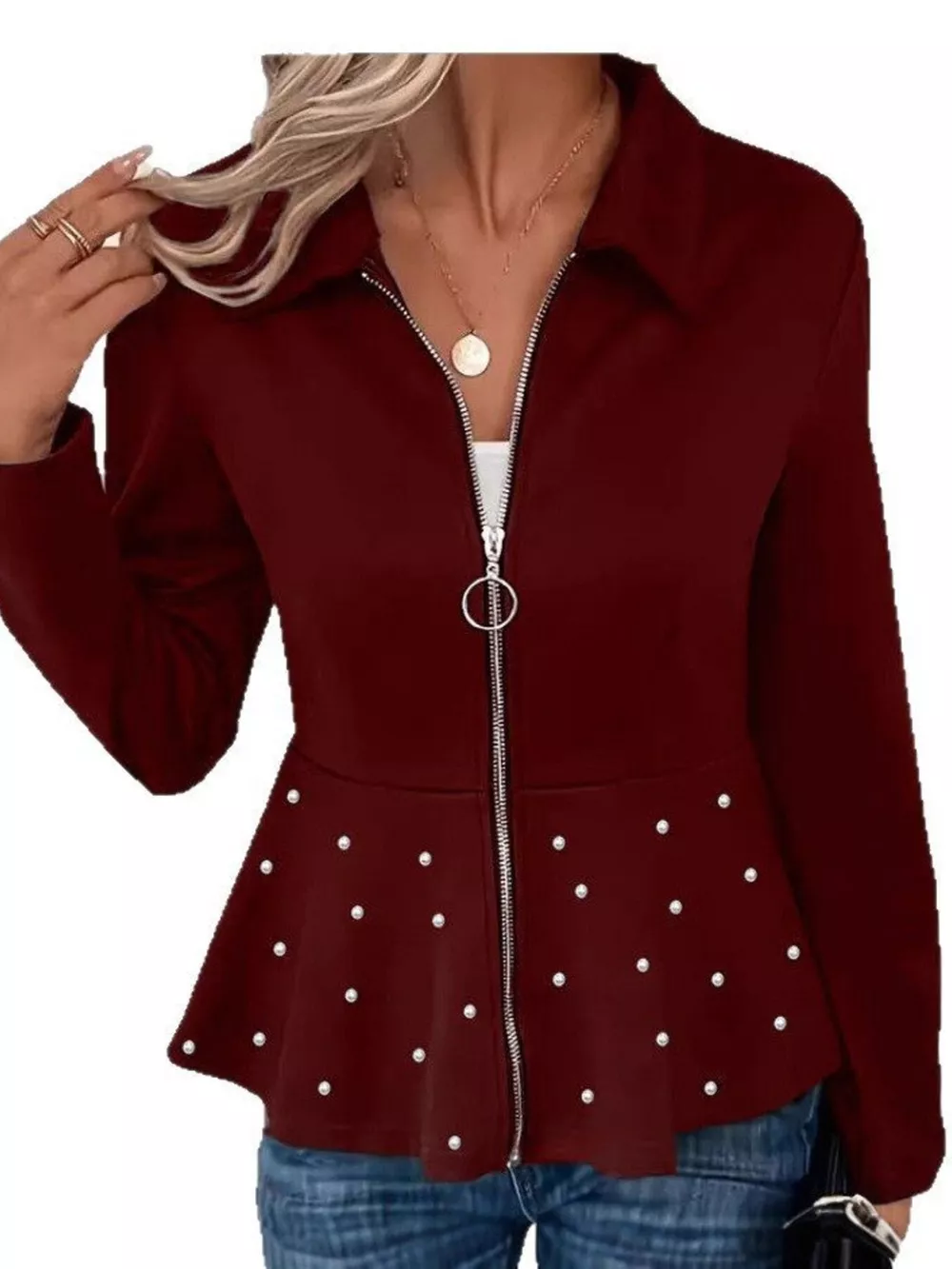 Pearl Embellished Zip-Up Peplum Outerwear, image 4