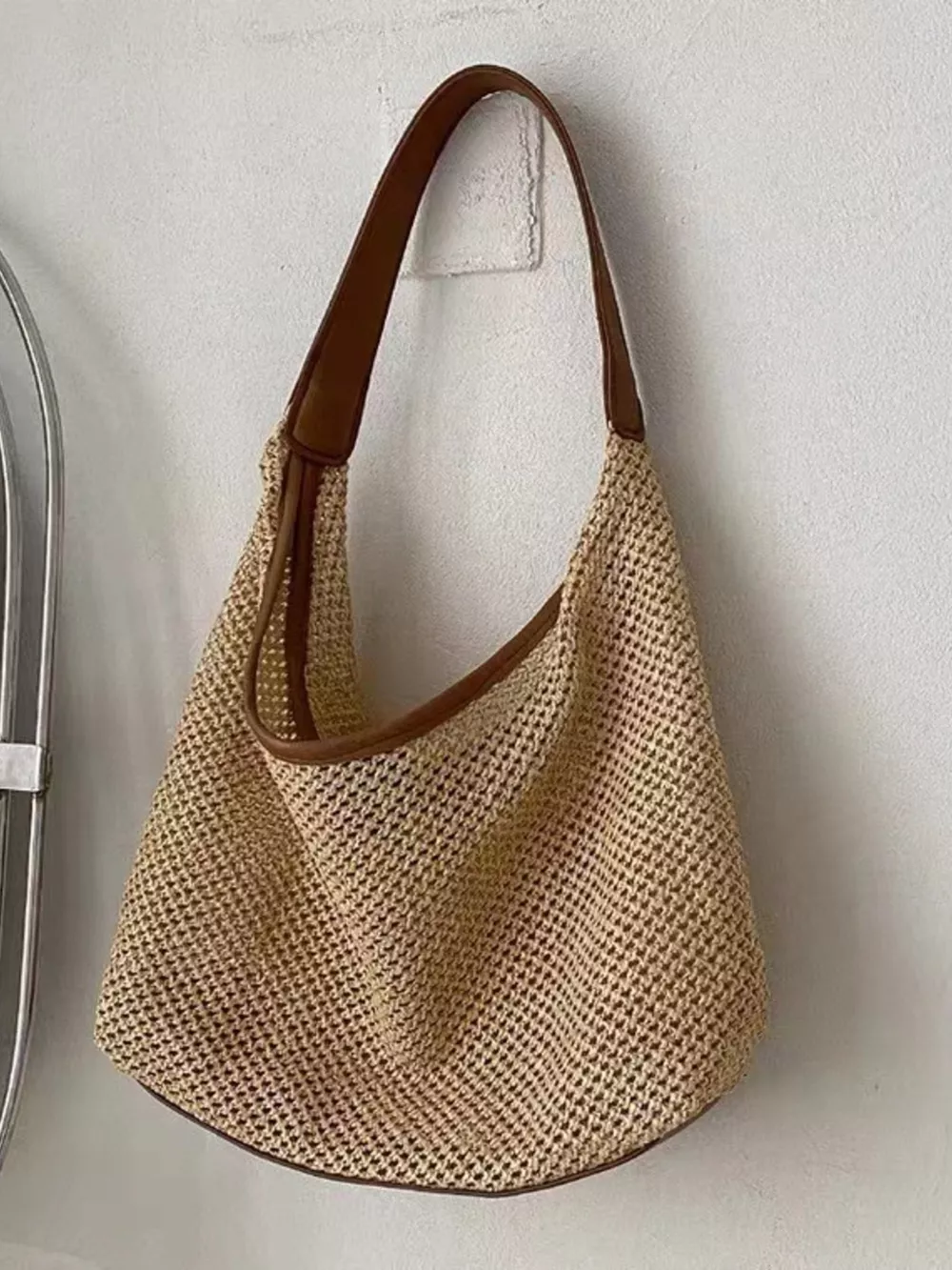Woven Straw Handbag with Leather Strap, image 2