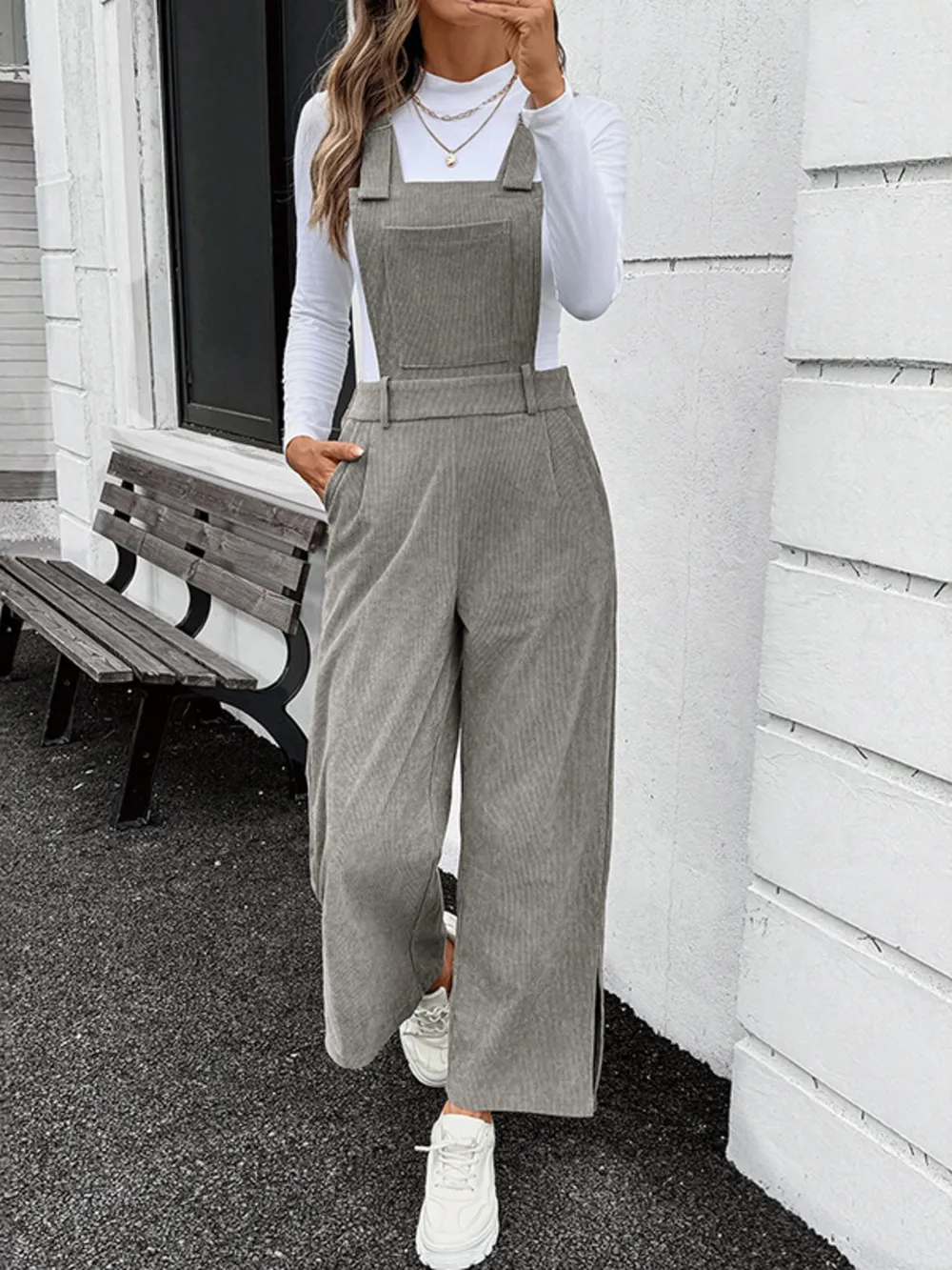 Slit Wide Leg Overalls with Pockets, image 5