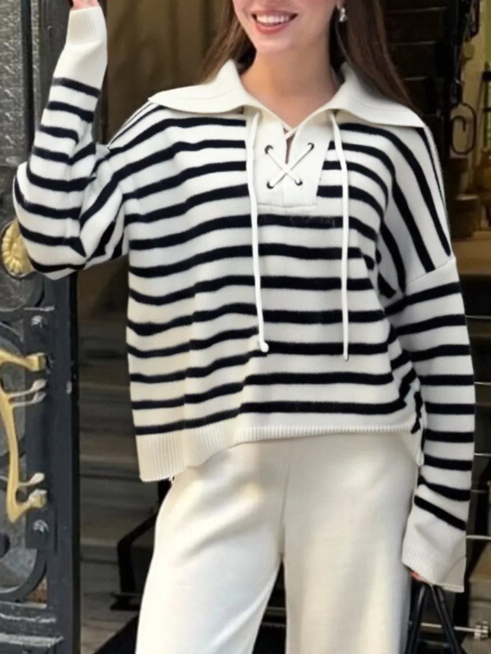 Striped Lace-Up Long Sleeve Sweater, image 2