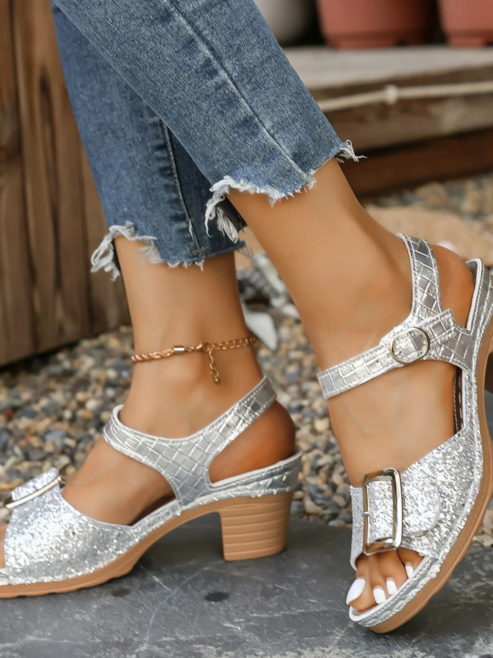 Glitter Block Heel Buckle Sandals, image 5
