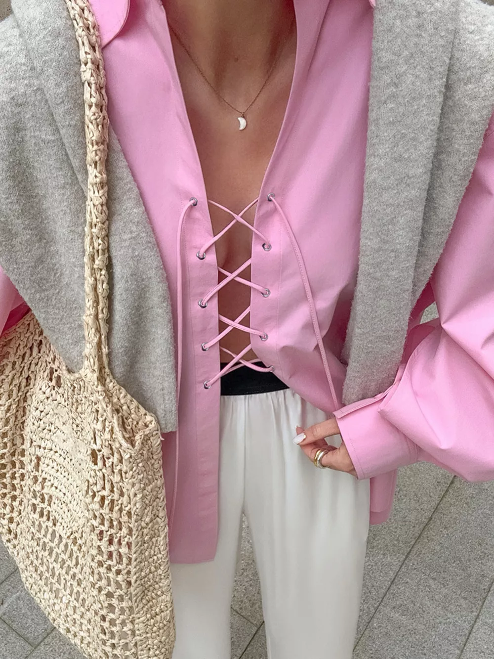 Lace-Up Front Oversized Shirt, image 3