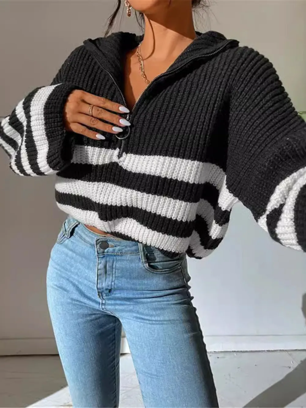 Striped Half Zip Cropped Sweater, image 11