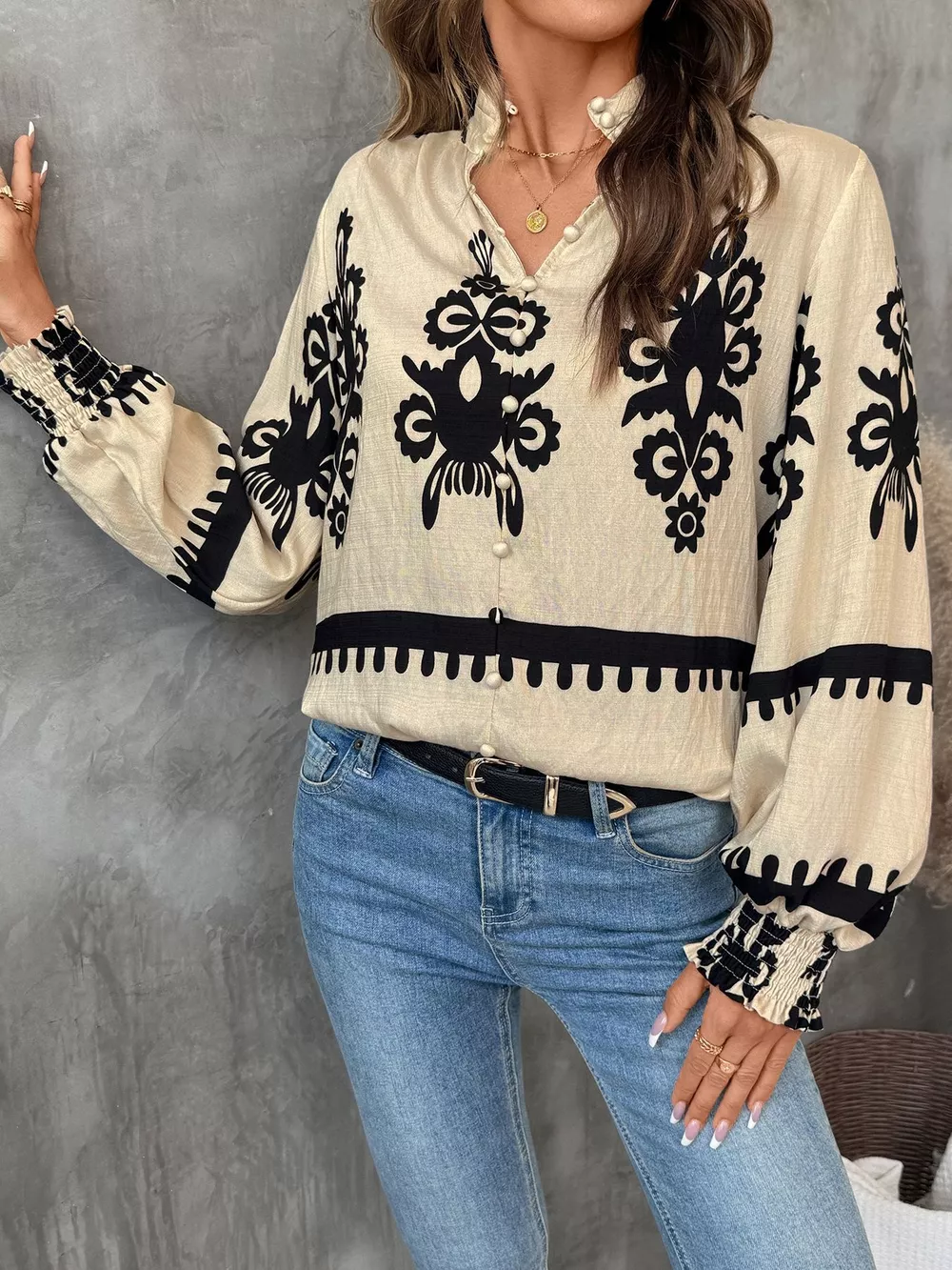 Printed Notched Lantern Sleeve Blouse, image 7