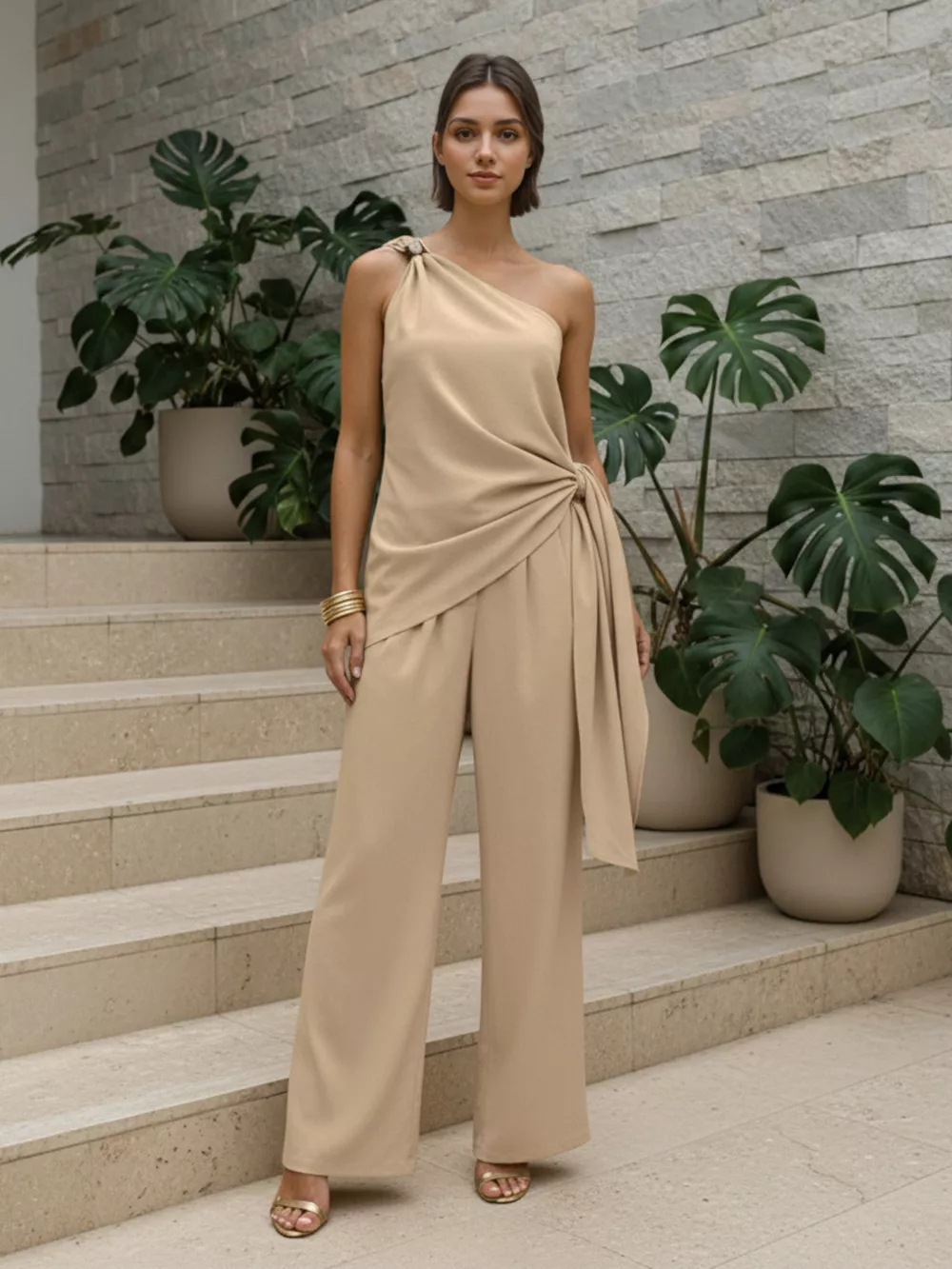 One-Shoulder Tie-Waist Top and Wide-Leg Pants Set, image 2