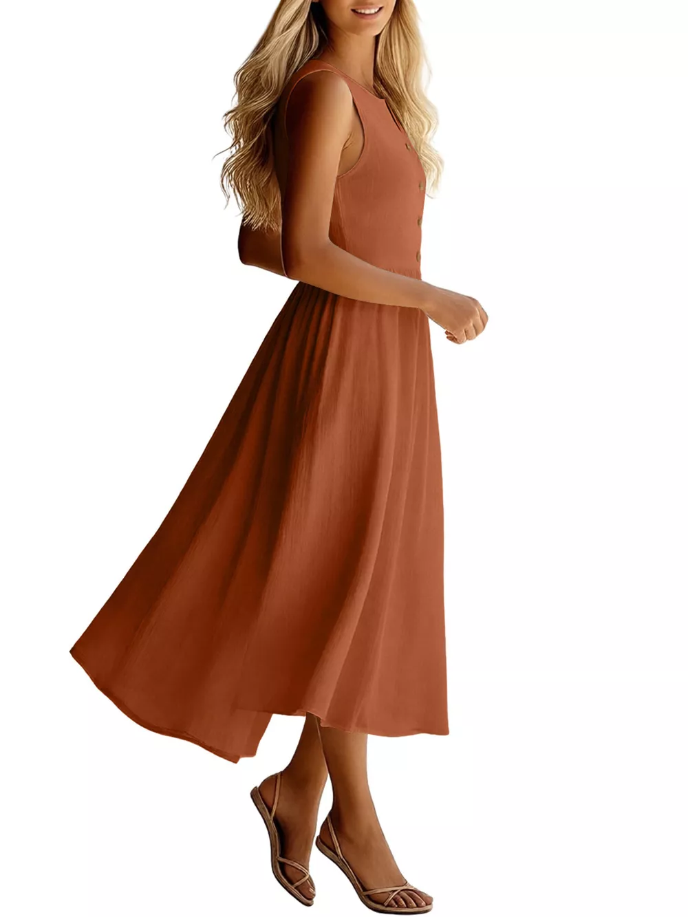 Sleeveless Button Front Flowy Midi Dress, image 14