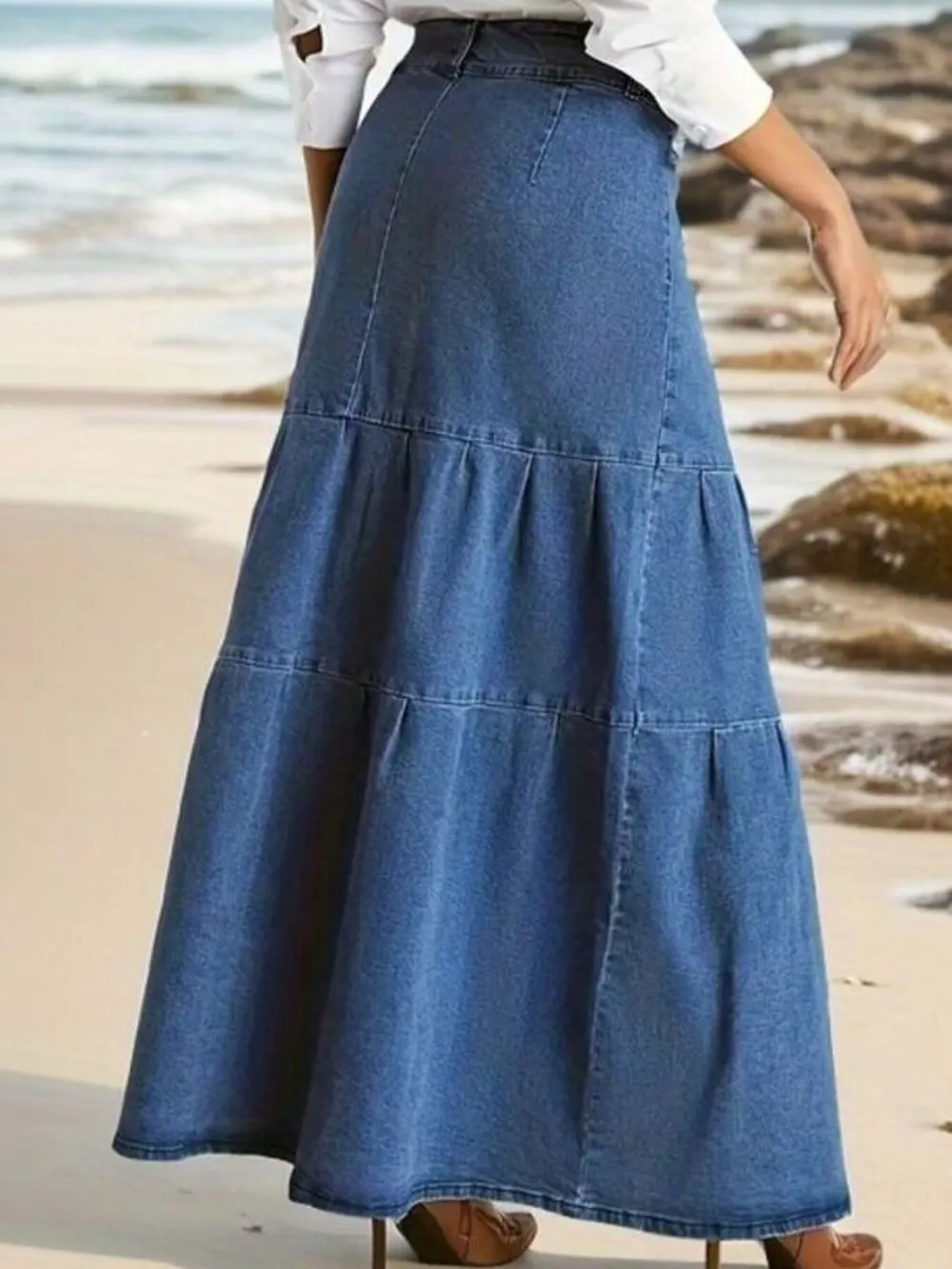 Tiered Maxi Denim Skirt with Zipper Detail, image 4