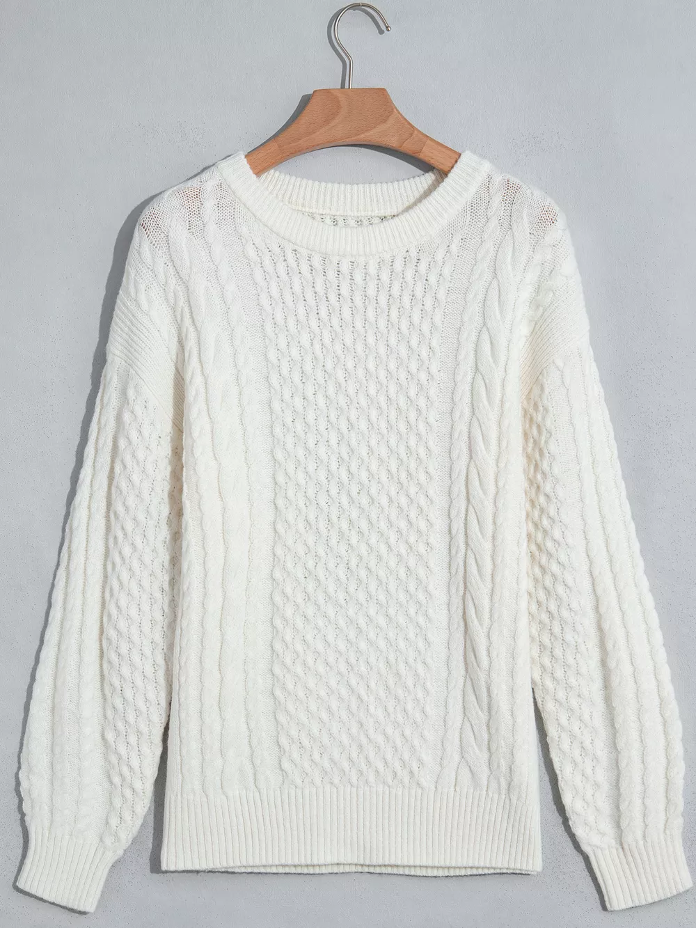 Solid Color Cable Detail Knit Loose Round Neck Sweater, image 8