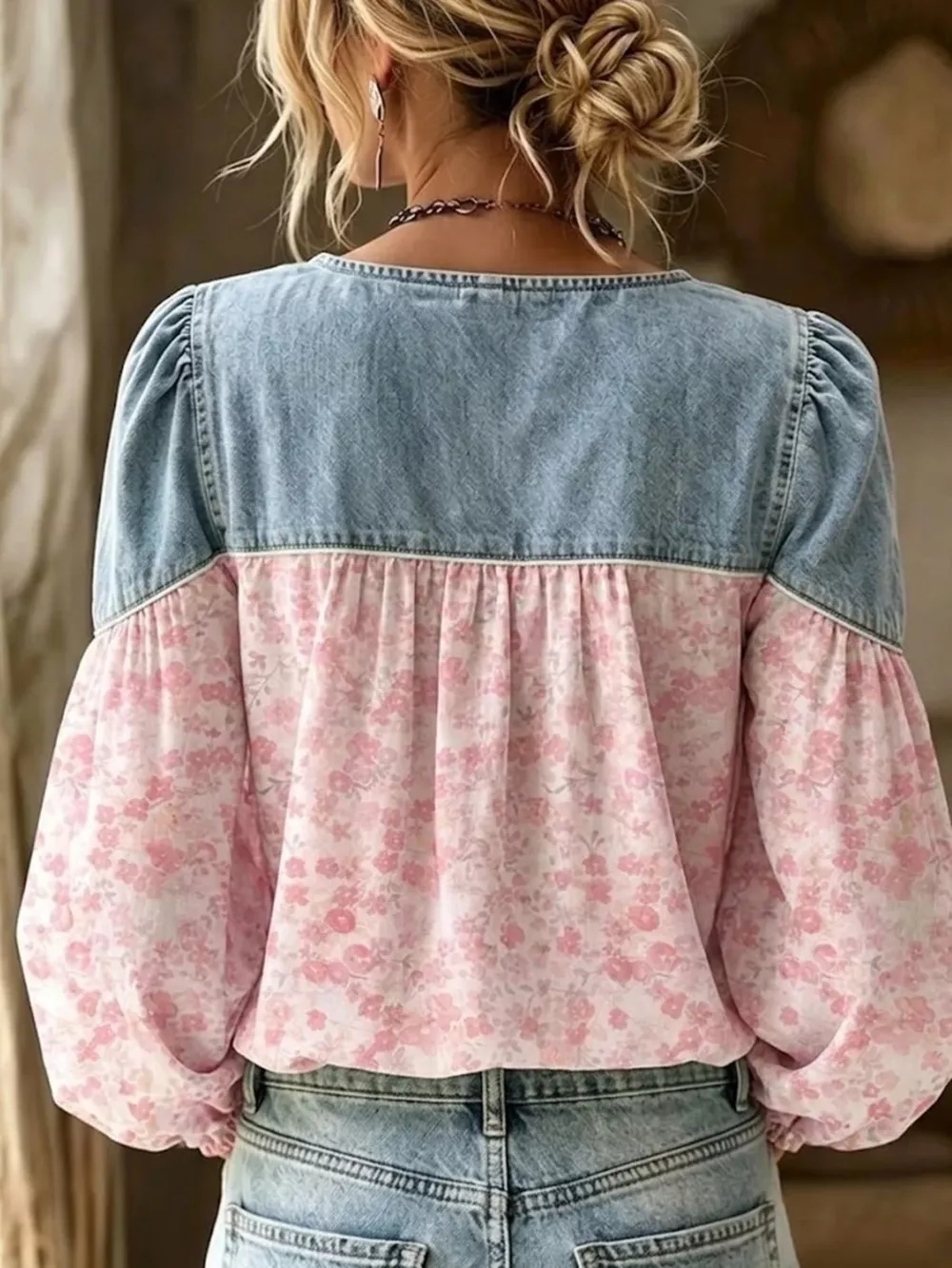 Full Size Denim Patchwork Floral Denim Top Plus Size, image 6