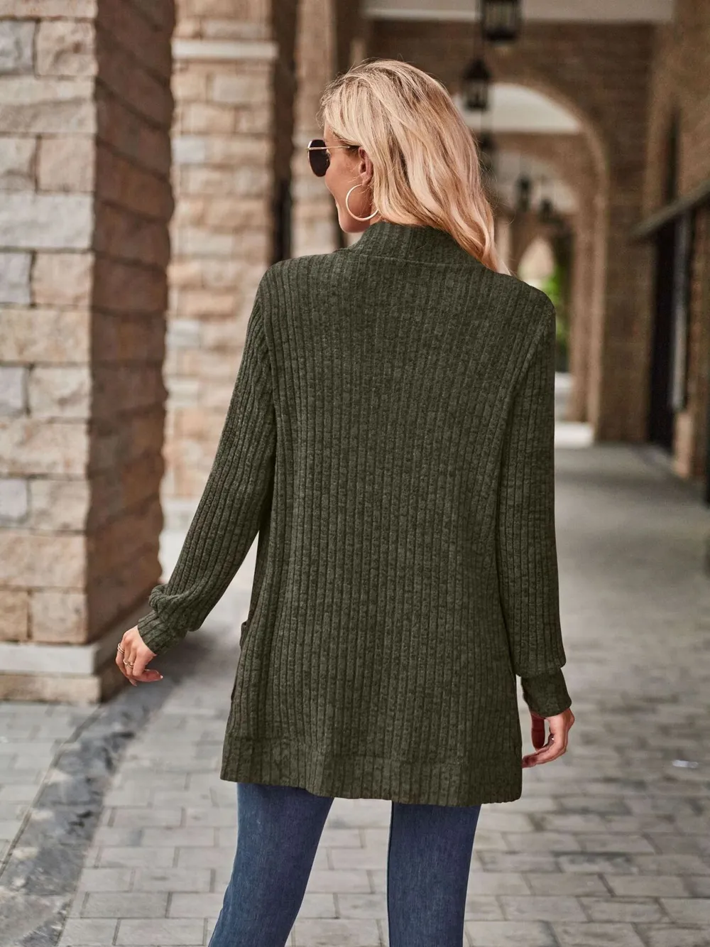 Ribbed Open Front Long Cardigan with Pockets, image 16