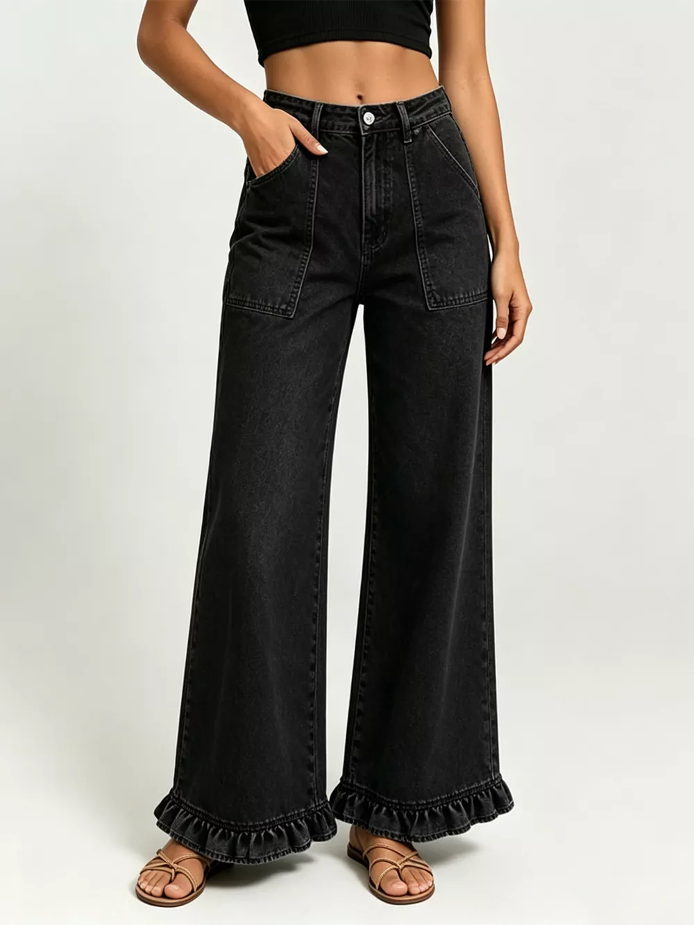 High-Waisted Wide-Leg Ruffle Hem Jeans, image 2