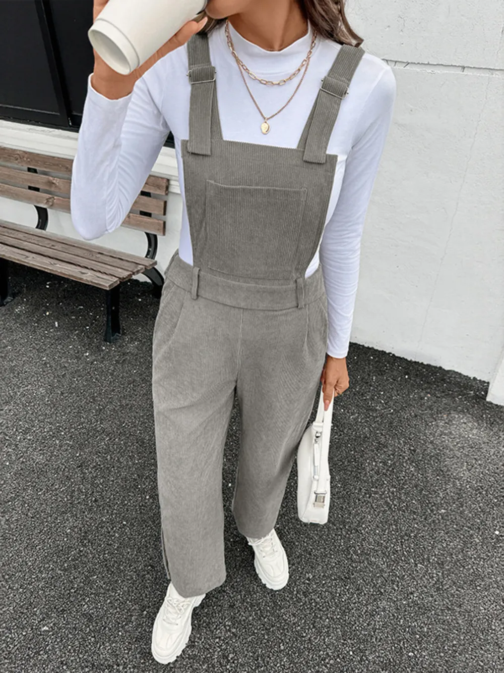 Slit Wide Leg Overalls with Pockets, image 6