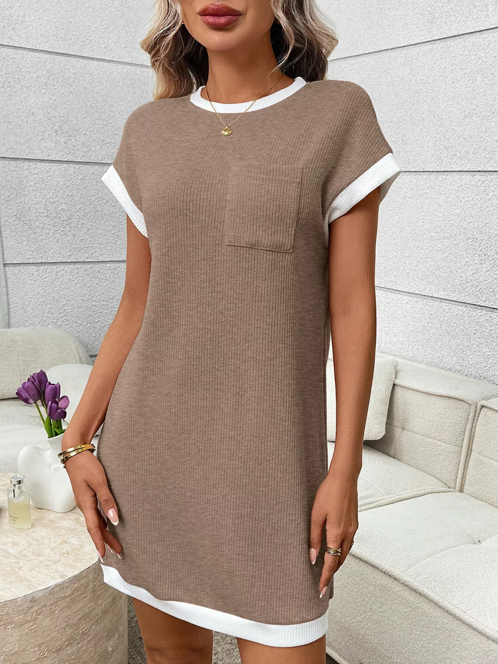 Contrast Trim Ribbed Knit Mini Dress with Pocket, image 2