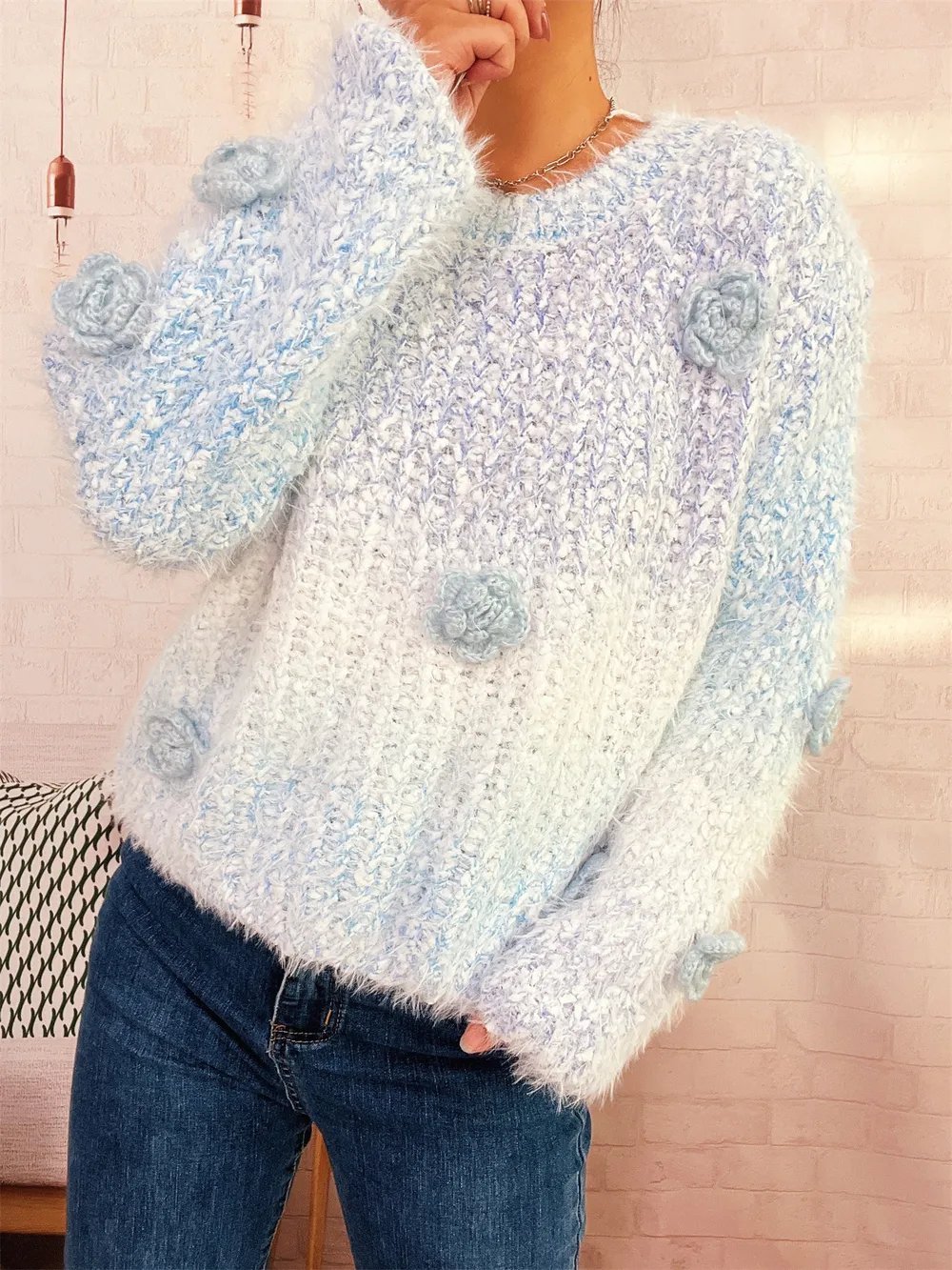 Flower Embellished Round Neck Sweater, image 6