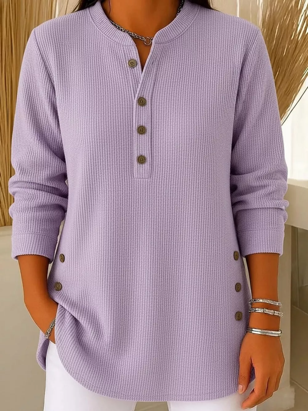 Full Size Ribbed Half Button Henley Top Plus Size, image 15