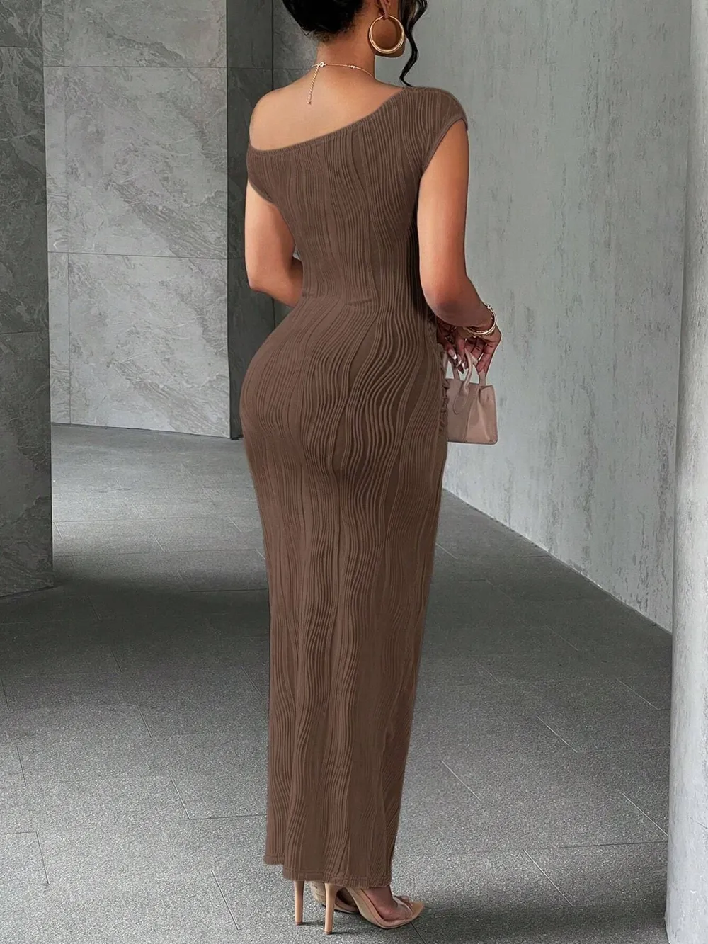 Textured Single Shoulder Bodycon Maxi Dress, image 7