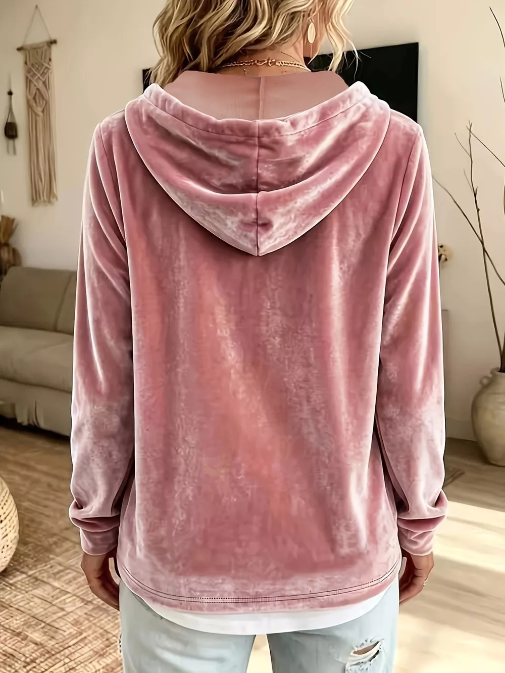 Full Size Drawstring Velvet Long Sleeve Hoodie Plus Size, image 10