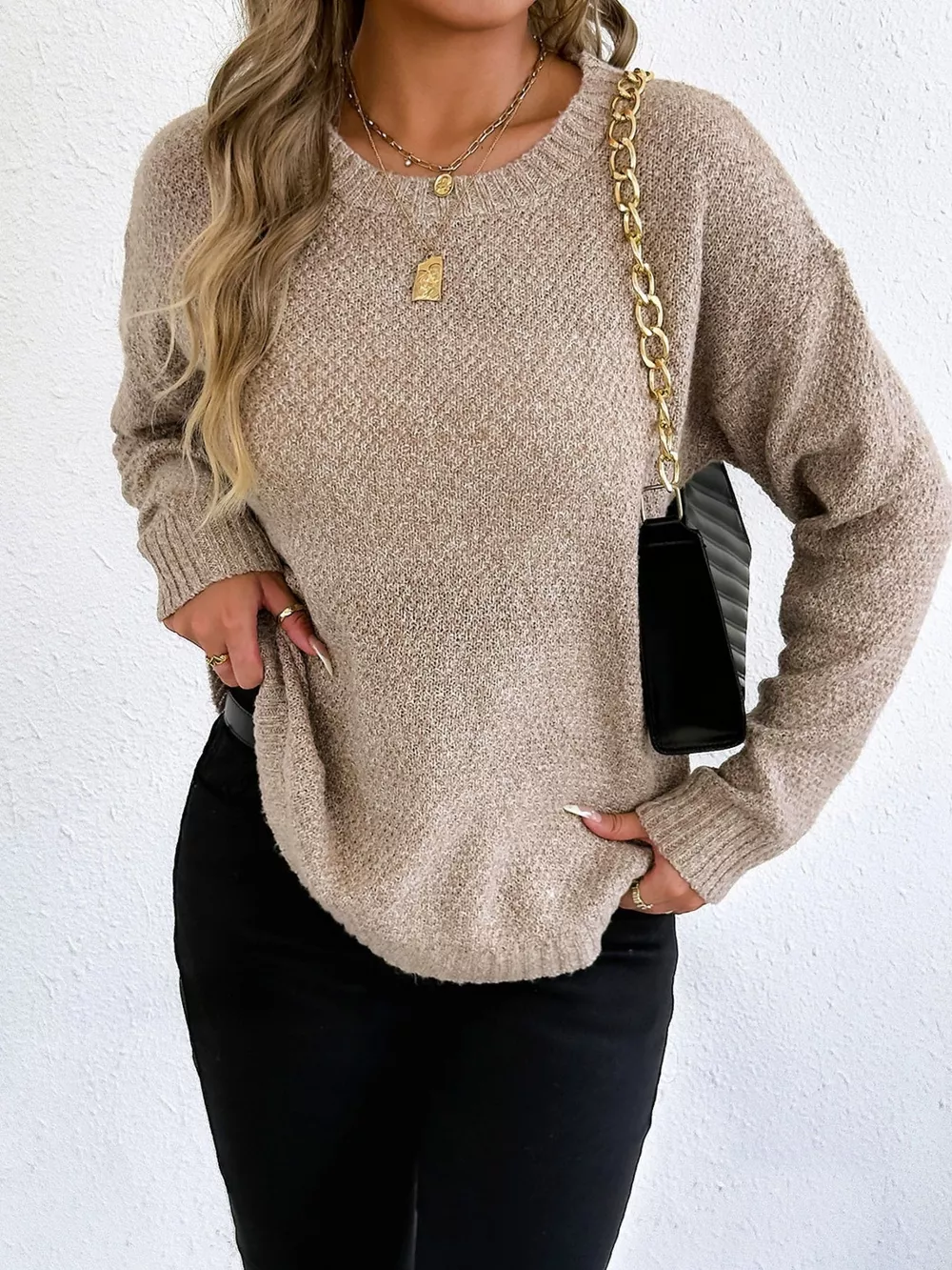 Textured Knit Relaxed Fit Round Neck Sweater, image 4