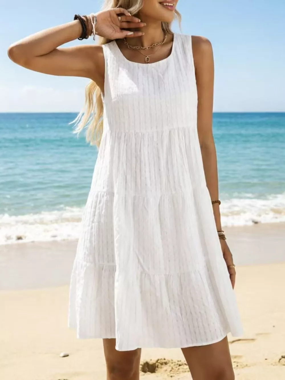 Textured Sleeveless Tiered Mini Dress, image 4