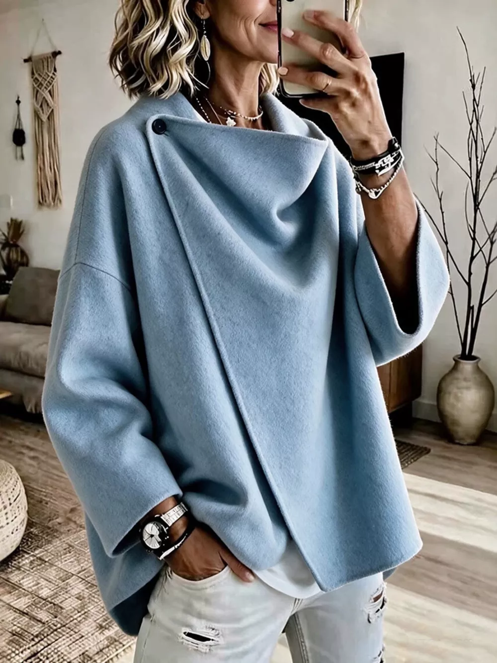 Full Size Asymmetric Button-Up Cape Outerwear Plus Size, image 3