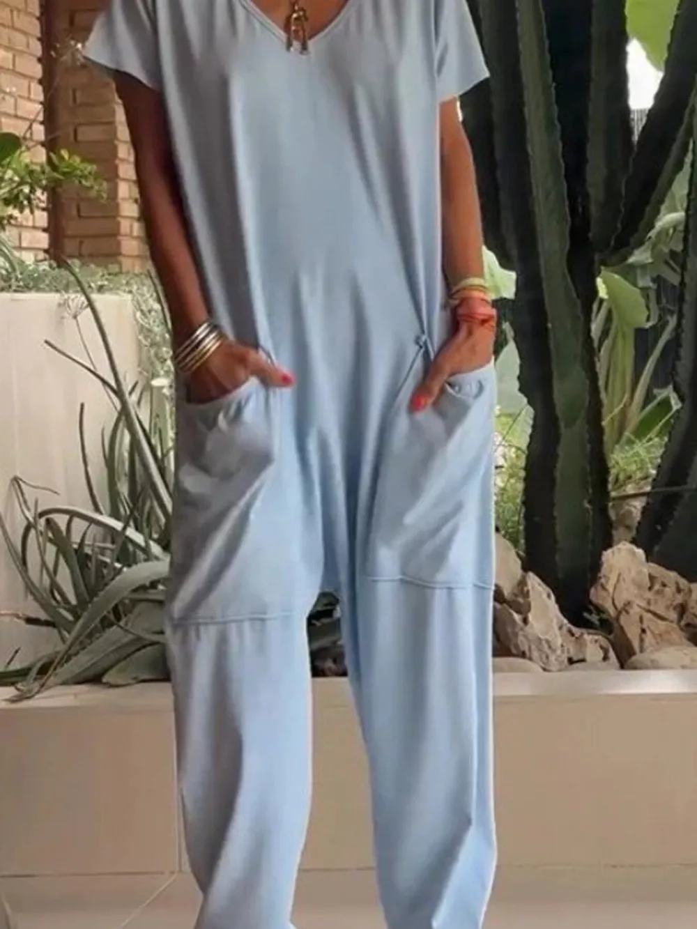 Full Size Loose Fit V-Neck Short Sleeve Wide Leg Jumpsuit Plus Size, image 5