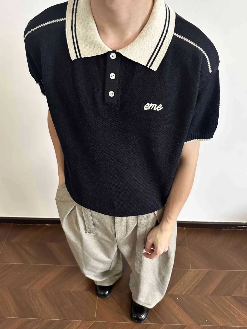 Men's Retro Knitted Polo with Embroidered Logo, image 3