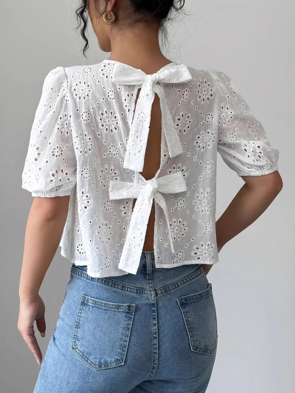 Eyelet Embroidered Puff Sleeve Tie-Back Blouse