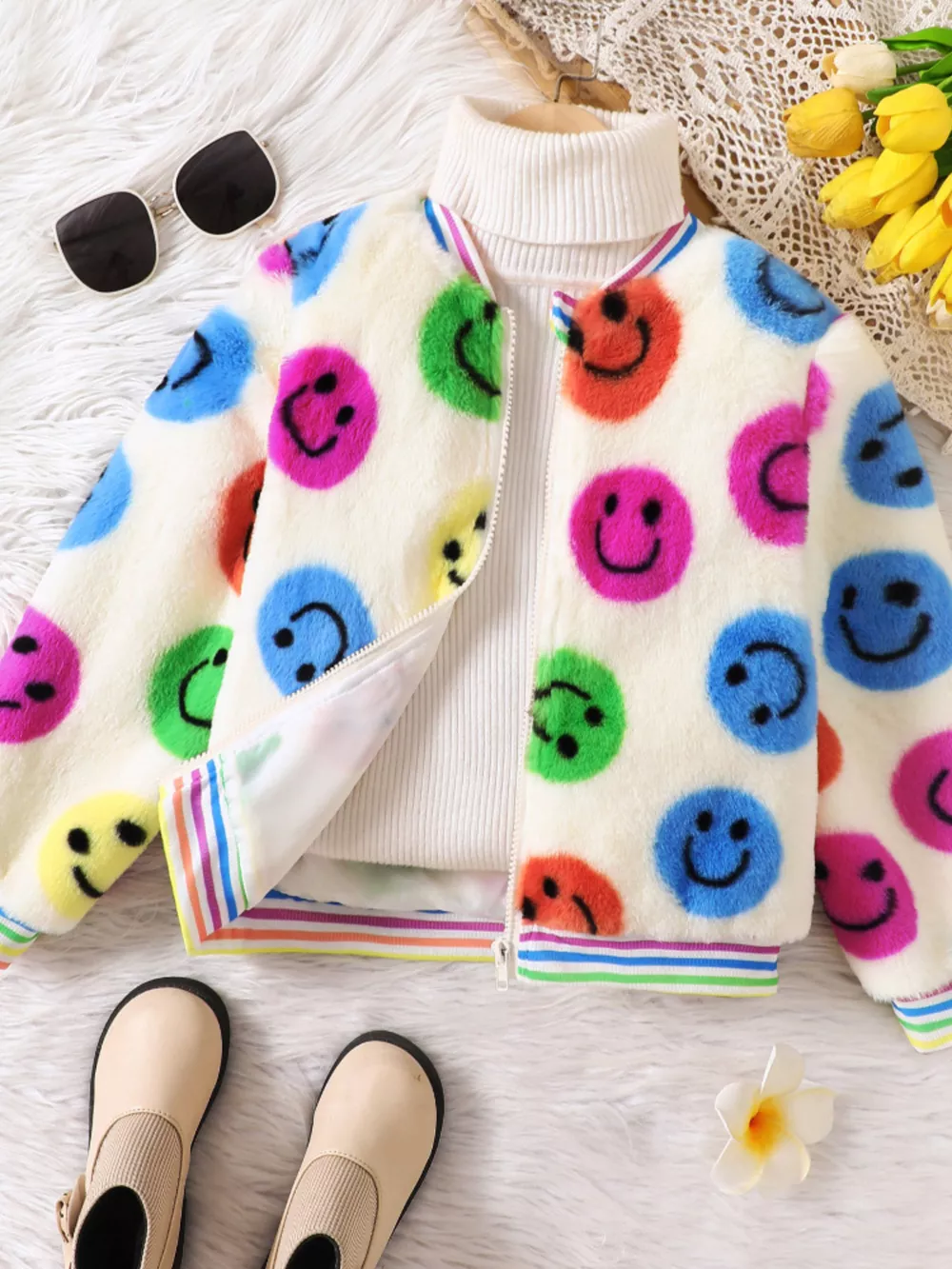 Children's Cheerful Smiley Face Print Plush Jacket