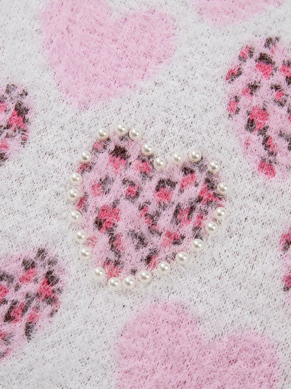 Heart Leopard Pearled Ribbed Trim Fuzzy Sweater, image 8