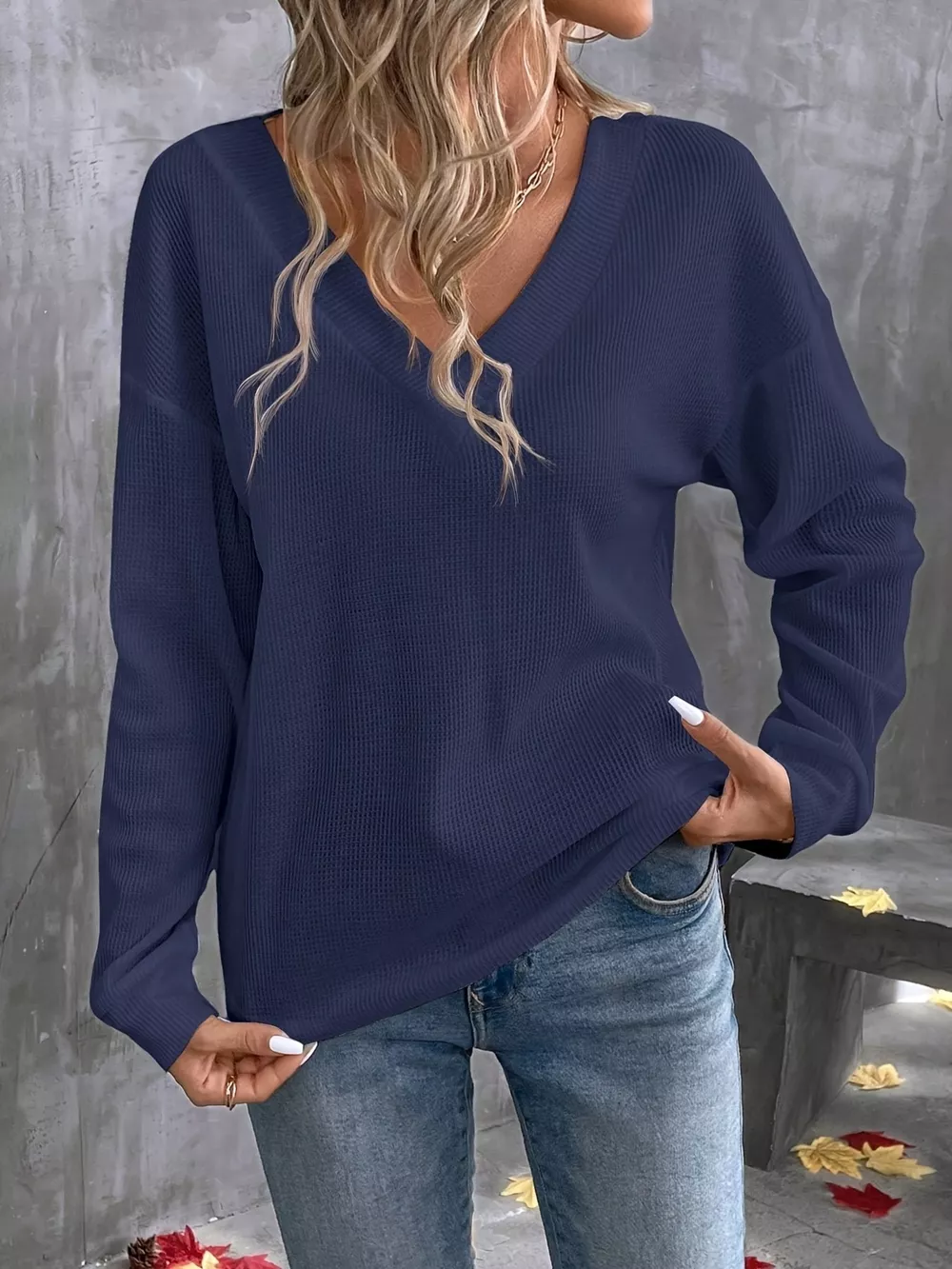 Plus Size V-Neck Long Sleeve Waffle Knit T-Shirt, image 12