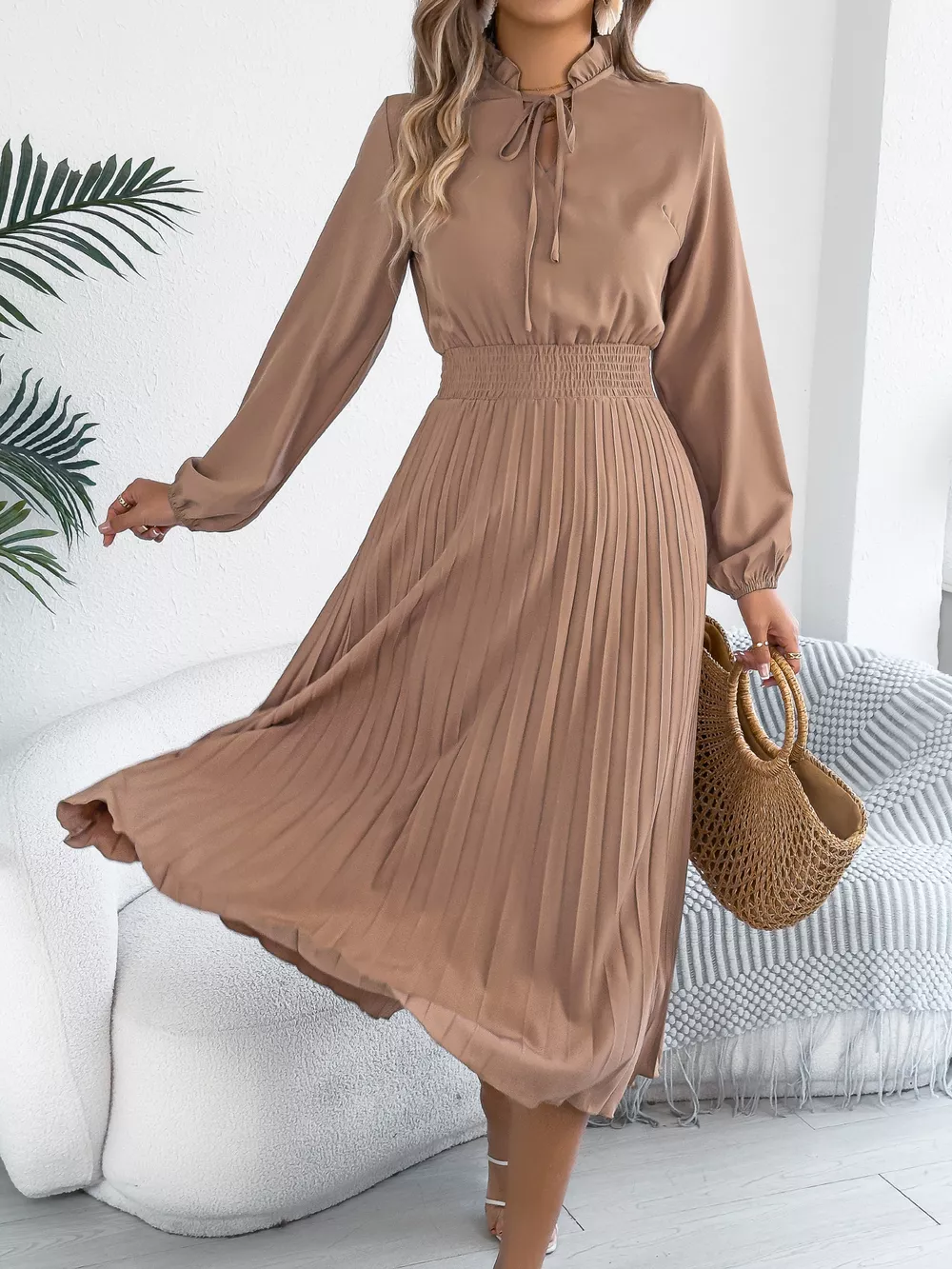 Smocked Pleated Tie Neck Dress, image 10