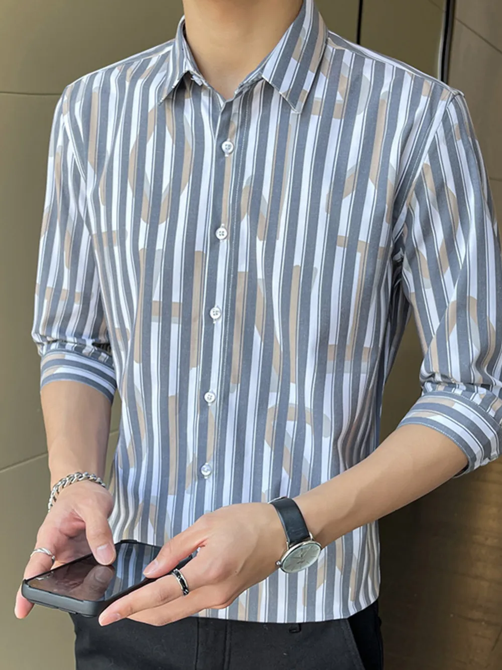 Men's Plus Size Striped Pattern Slim Fit Shirt, image 4