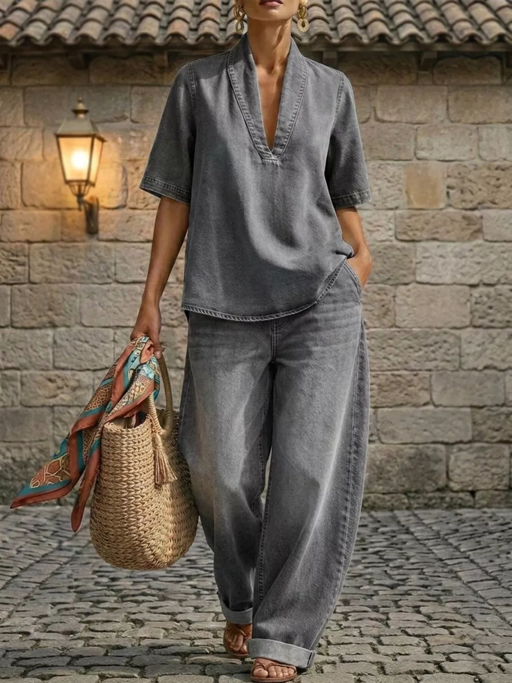 Full Size Half Sleeve Top and Wide Leg Pants Set Plus Size, image 6