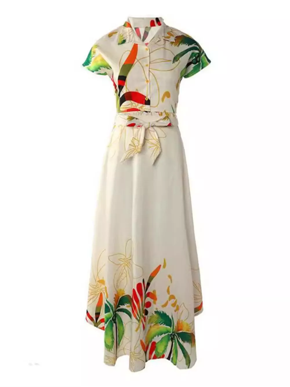 Tropical Print Button-Up Crop Top and Maxi Skirt Set、, image 4