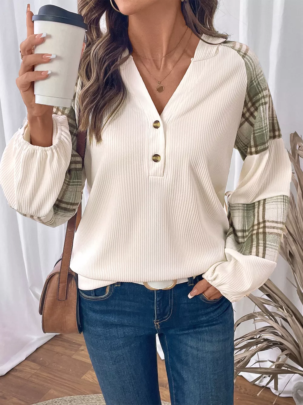 Plaid V-Neck Button Front Sweatshirt, image 3