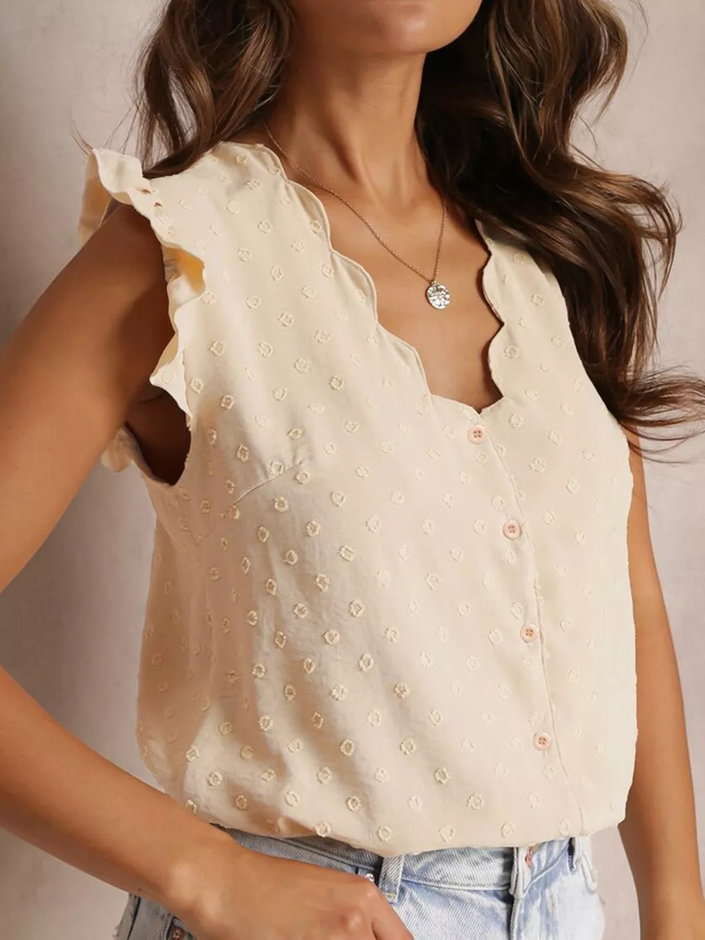 Swiss Dot Ruffled Button-Down Shirt, image 6