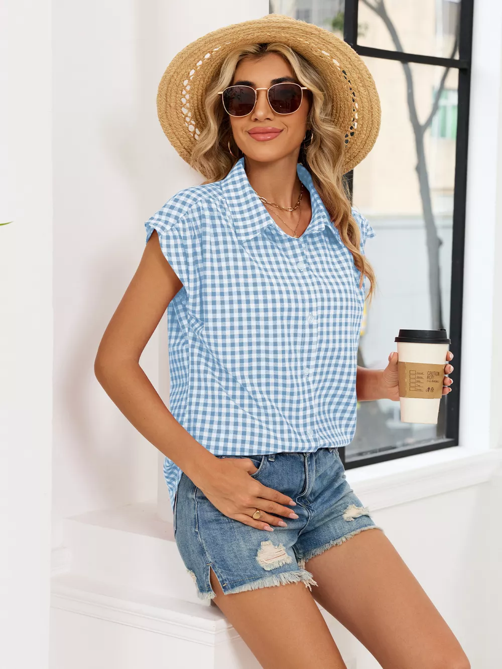Plaid Button Up Cap Sleeve Shirt, image 12