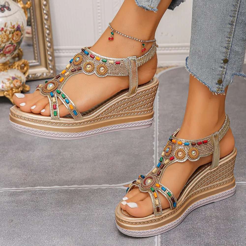 Beaded Open Toe Wedge Sandals, image 3