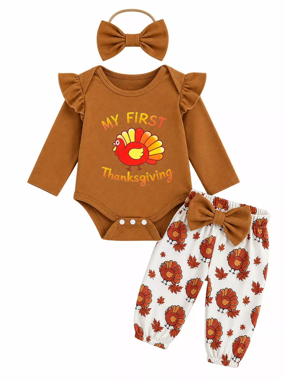 Children's 'My First Thanksgiving' Ruffle Bodysuit and Turkey Print Pants Set with Headband, image 2