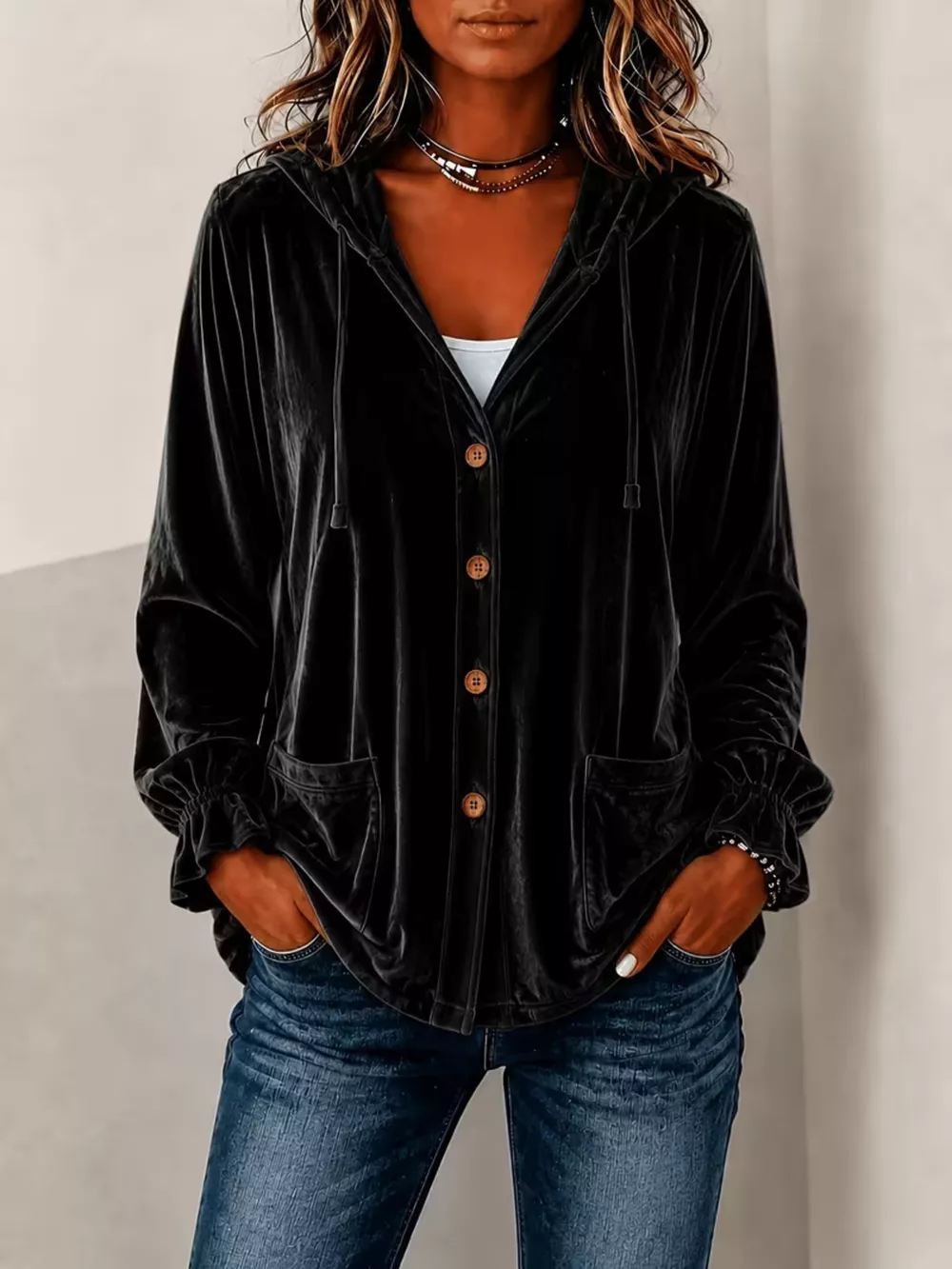 Full Size Velvet Button-Down Hooded Outerwear Plus Size, image 10