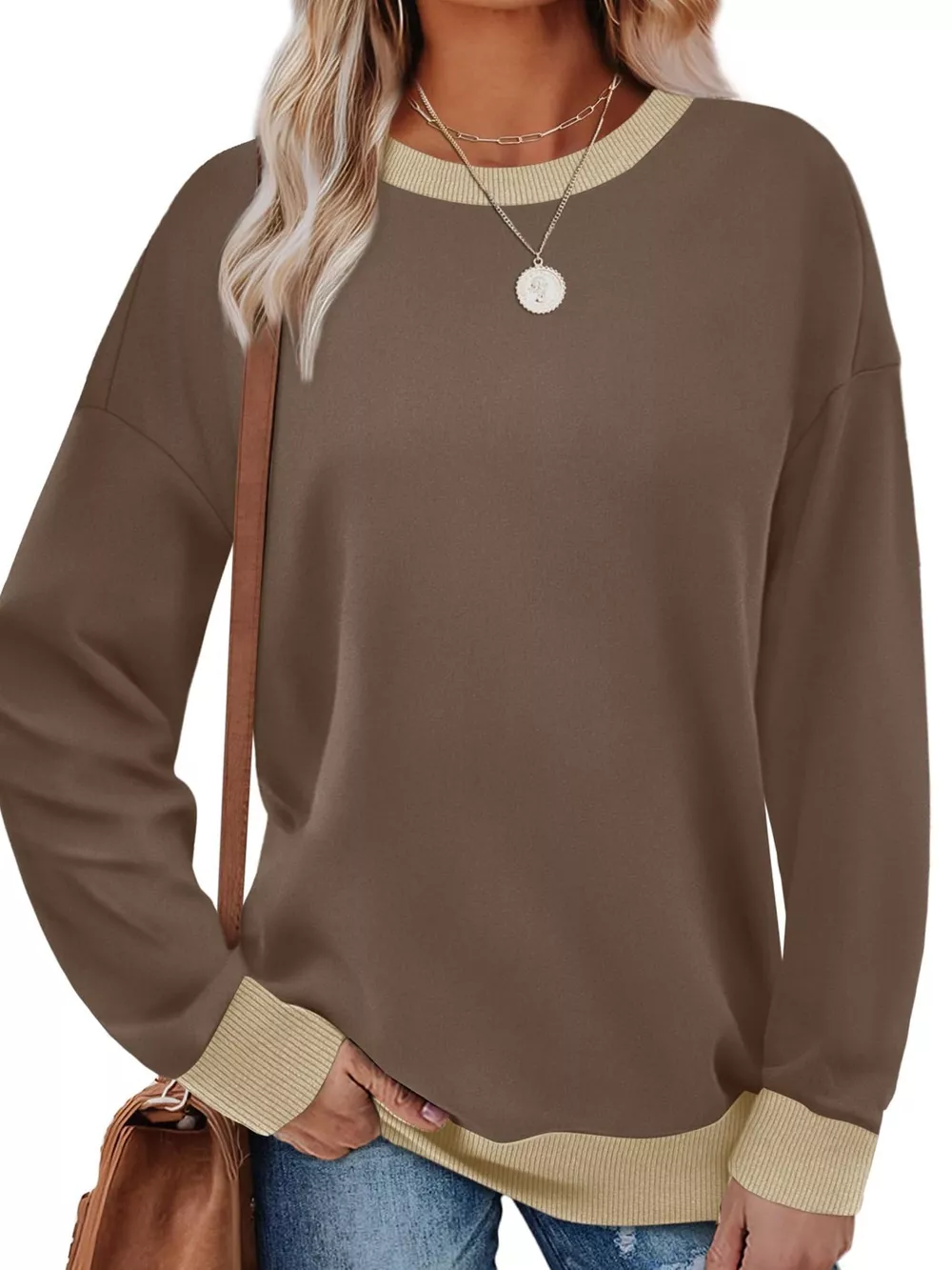 Contrast Trim Crew Neck Casual Sweatshirt, image 11
