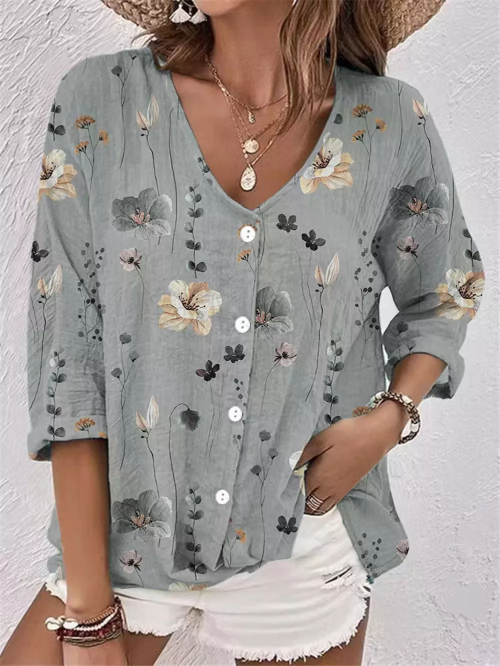 Floral Print V-Neck Button-Down Shirt, image 7