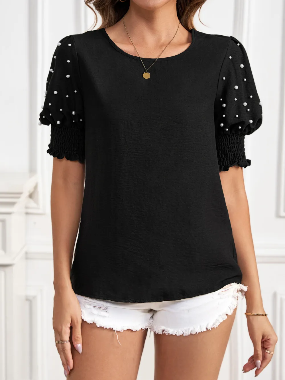 Pearl Embellished Puff Sleeve Blouse, image 5