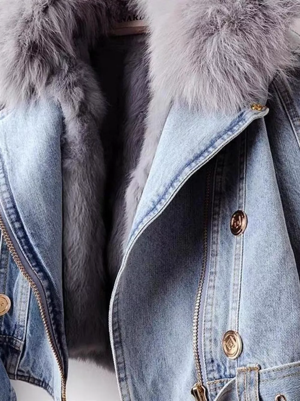 Full Size Faux Fur Collar Denim Jacket Plus Size, image 4