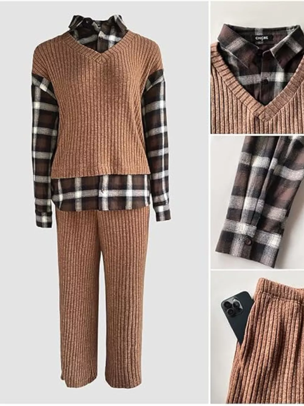 Ribbed Knit Plaid Sleeve Top & Pants Set, image 9